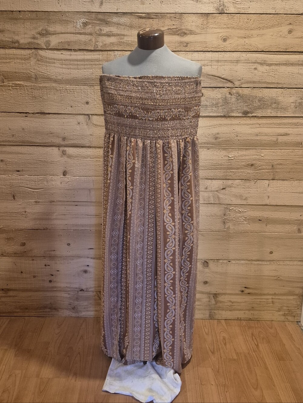 Strapless Boho Romper in Taupe Paisley